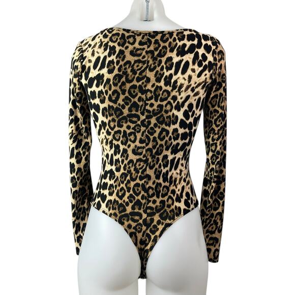 Day & Night Beige Black Leopard Long Sleeve Ring Plunge Bodysuit Top Size S - Picture 2 of 4